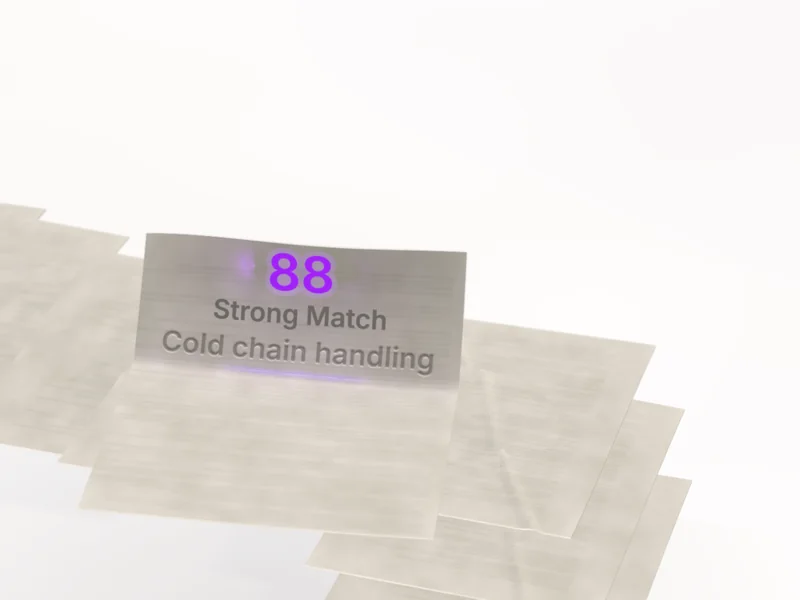 Paper, photographed close. The top sheet of an aligned stack carries the embossed line Cold chain handling, a violet 88 above it, and the words Strong Match between them. This is the settled final frame of the hero film. Illustration with sample data.